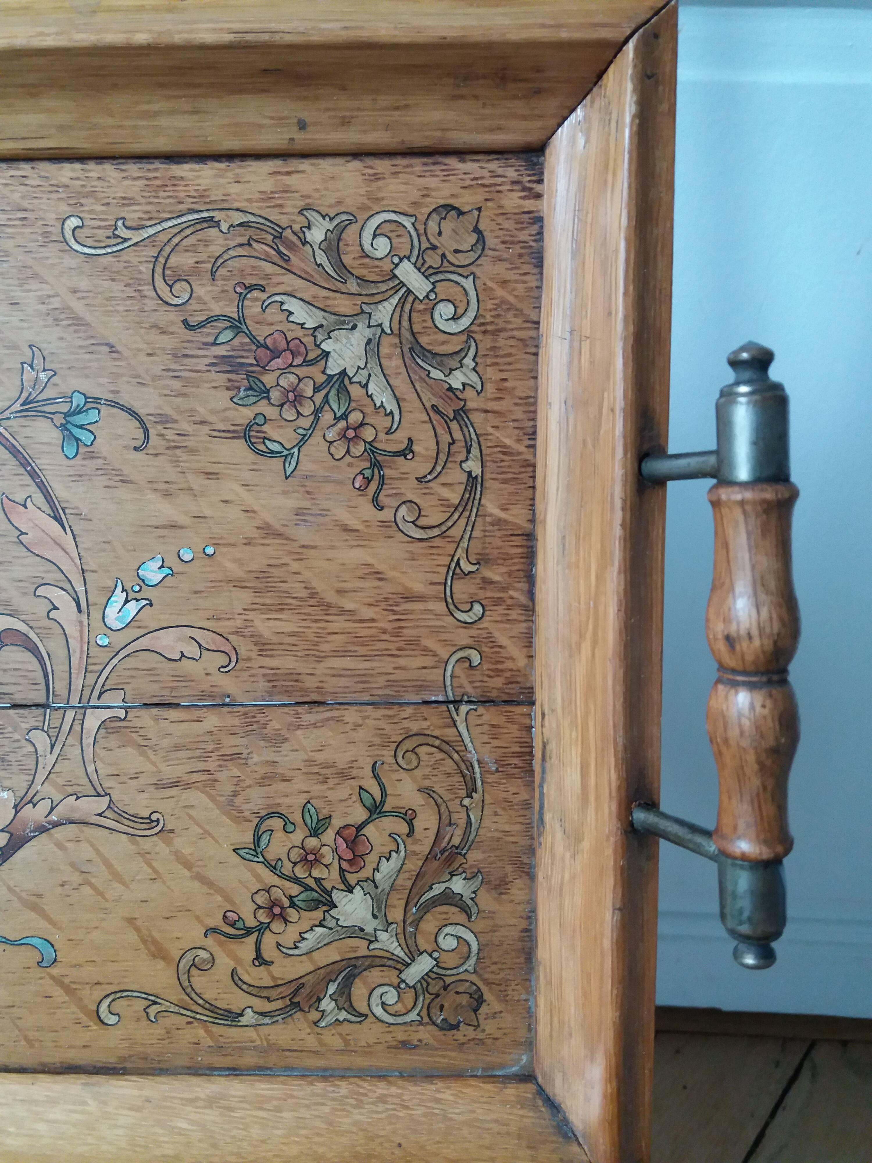 OLD ART NOUVEAU VARNISHED WOODEN TRAY WITH PAINTED DECORATION