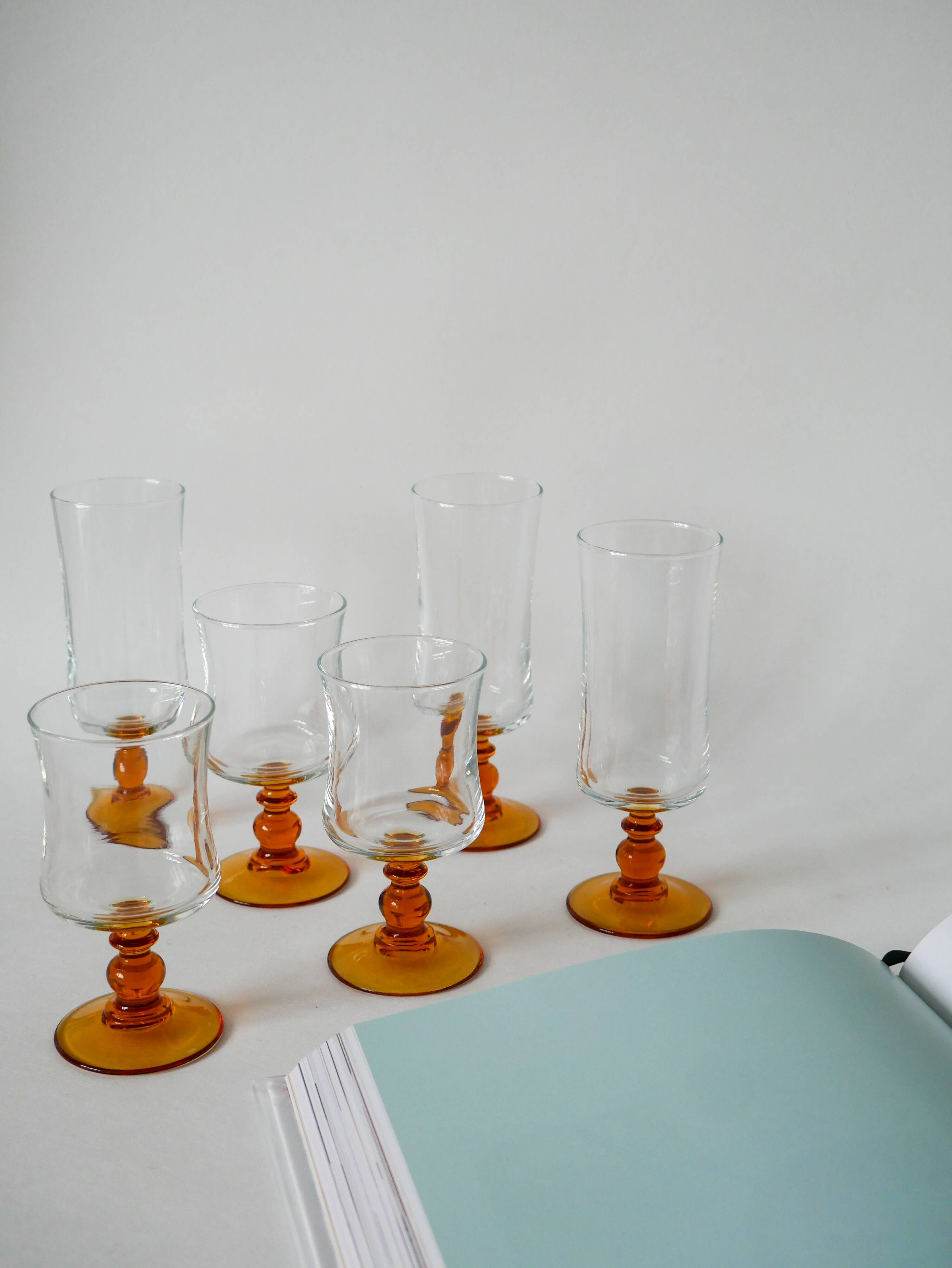 set of 8 vintage amber-stemmed wine glasses 1970