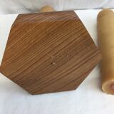 Handmade natural wood candle holder, hexagonal shape and its 3 old beeswax candles.