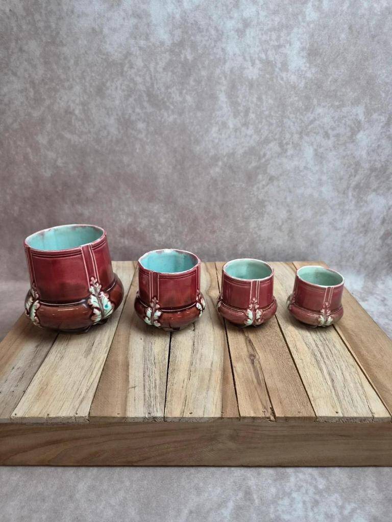 Antique majolica barbotine set – tray and 4 small pots – Art Nouveau