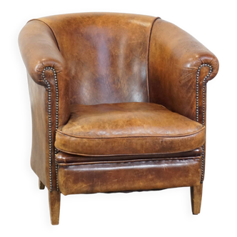 Cognac-colored vintage sheep leather club chair