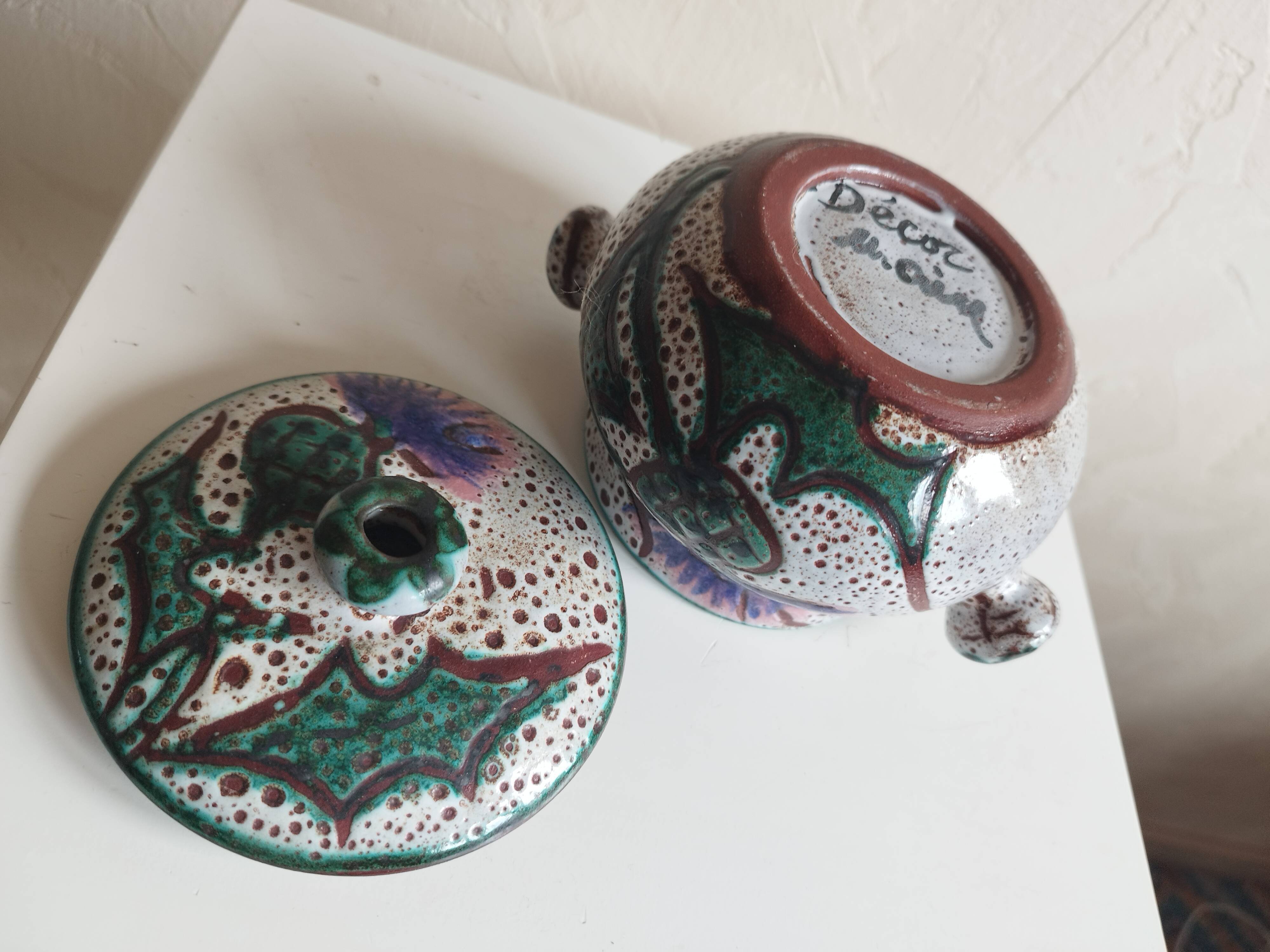 Vallauris lidded pot with thistle decoration