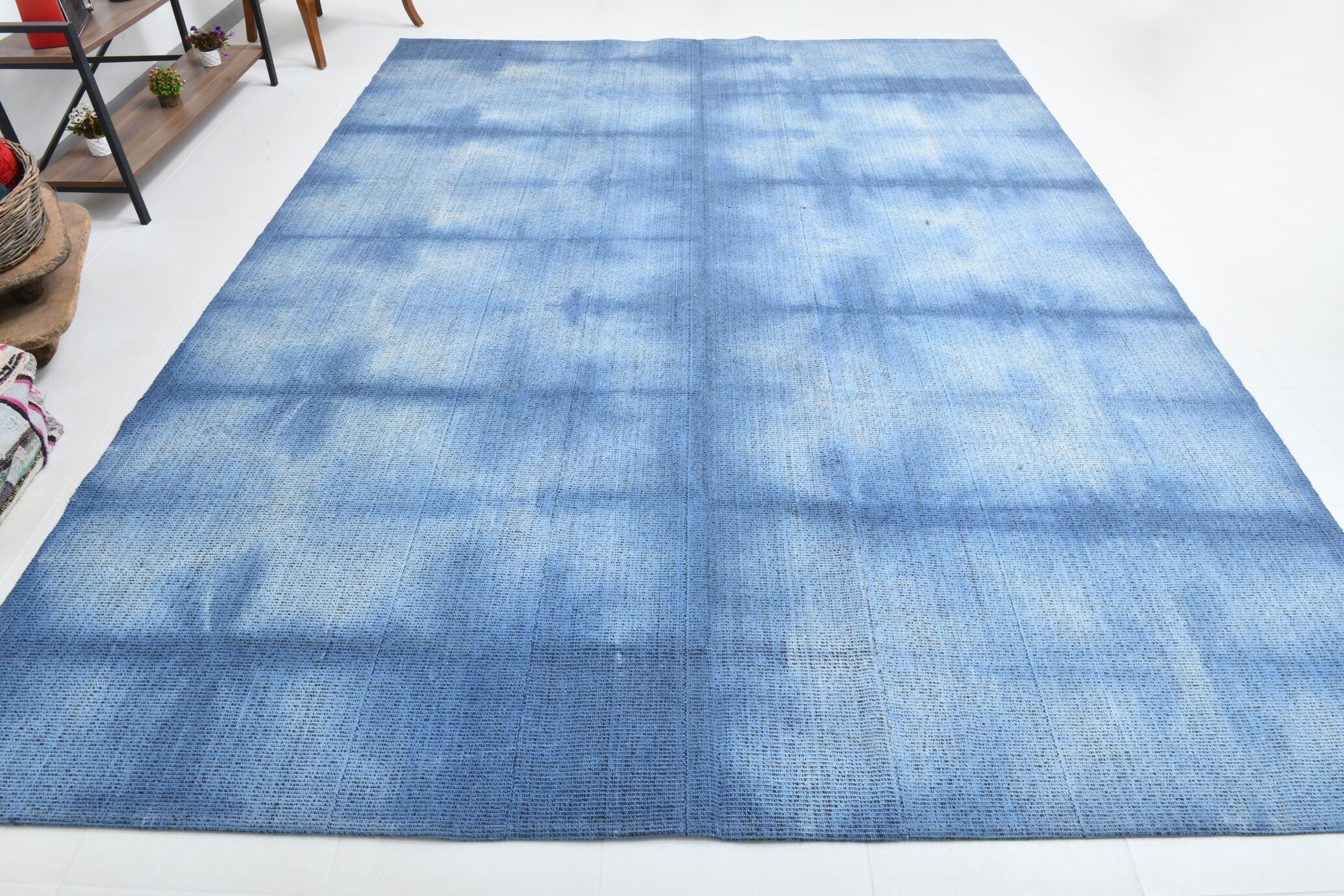 Shades of blue flatweave vintage rug 359x269cm