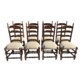 Lot de 8 chaises anciennes en hêtre massif, style Louis XIII, tissu jacquar