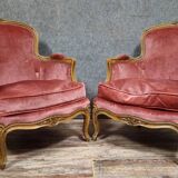 Pair of cabriolet armchairs in Louis XV style – Carved wood – Pink velvet –