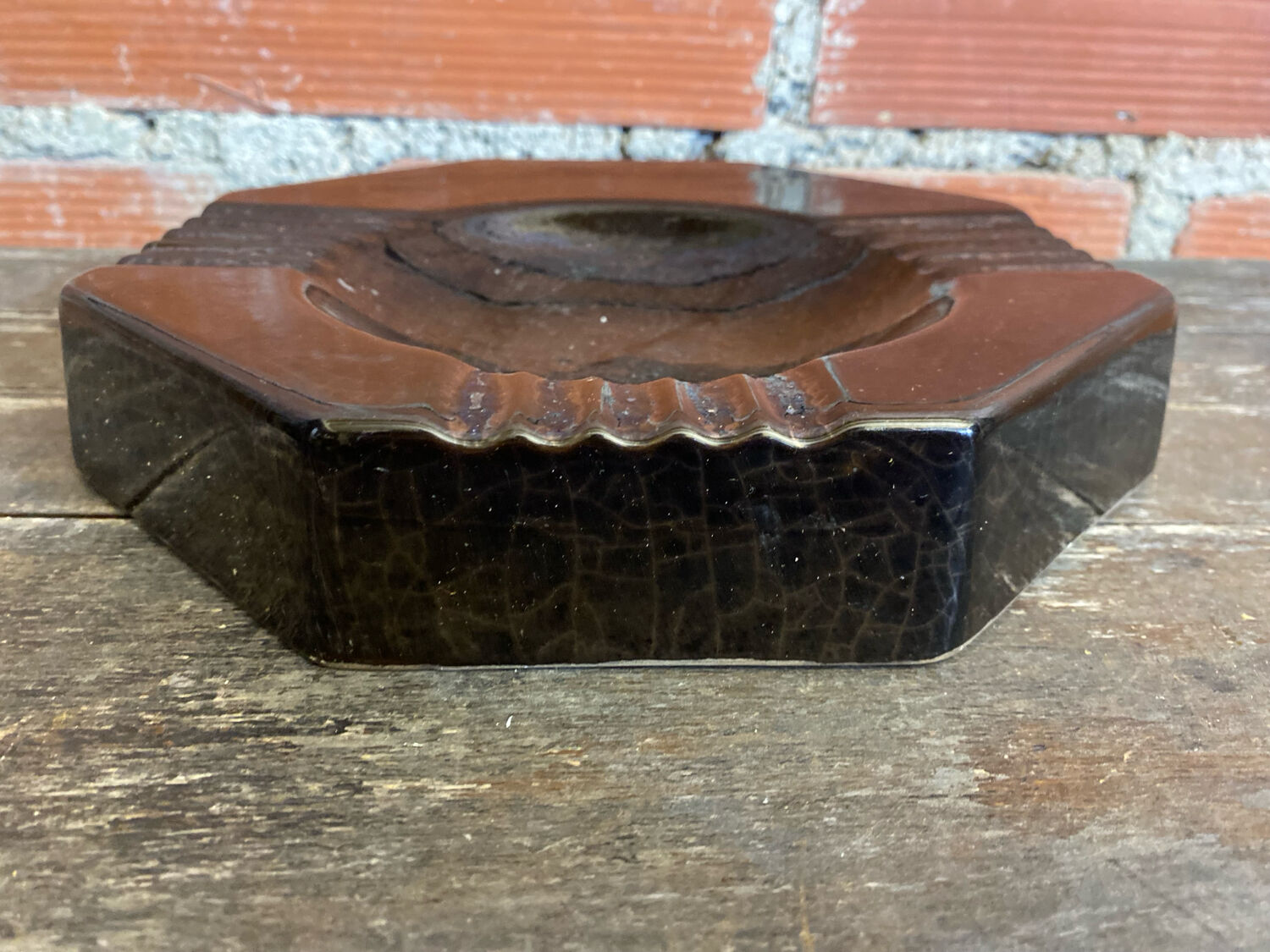 Vintage Black Cracked Ceramic Octagonal Ashtray S. BESSY