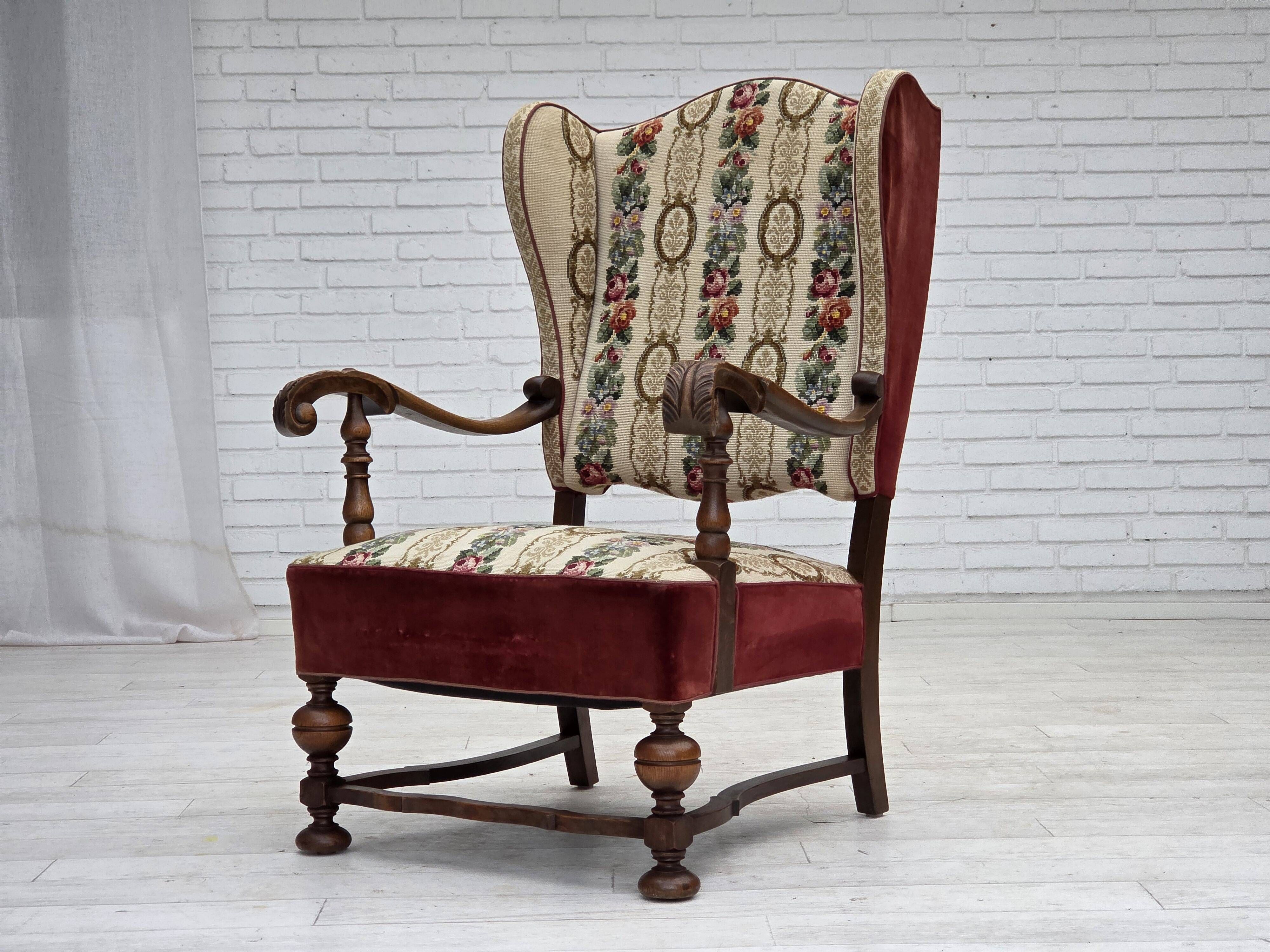 1950s, Danish wingback armchair, wool fabric, red furniture velour.