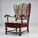 1950s, Danish wingback armchair, wool fabric, red furniture velour.