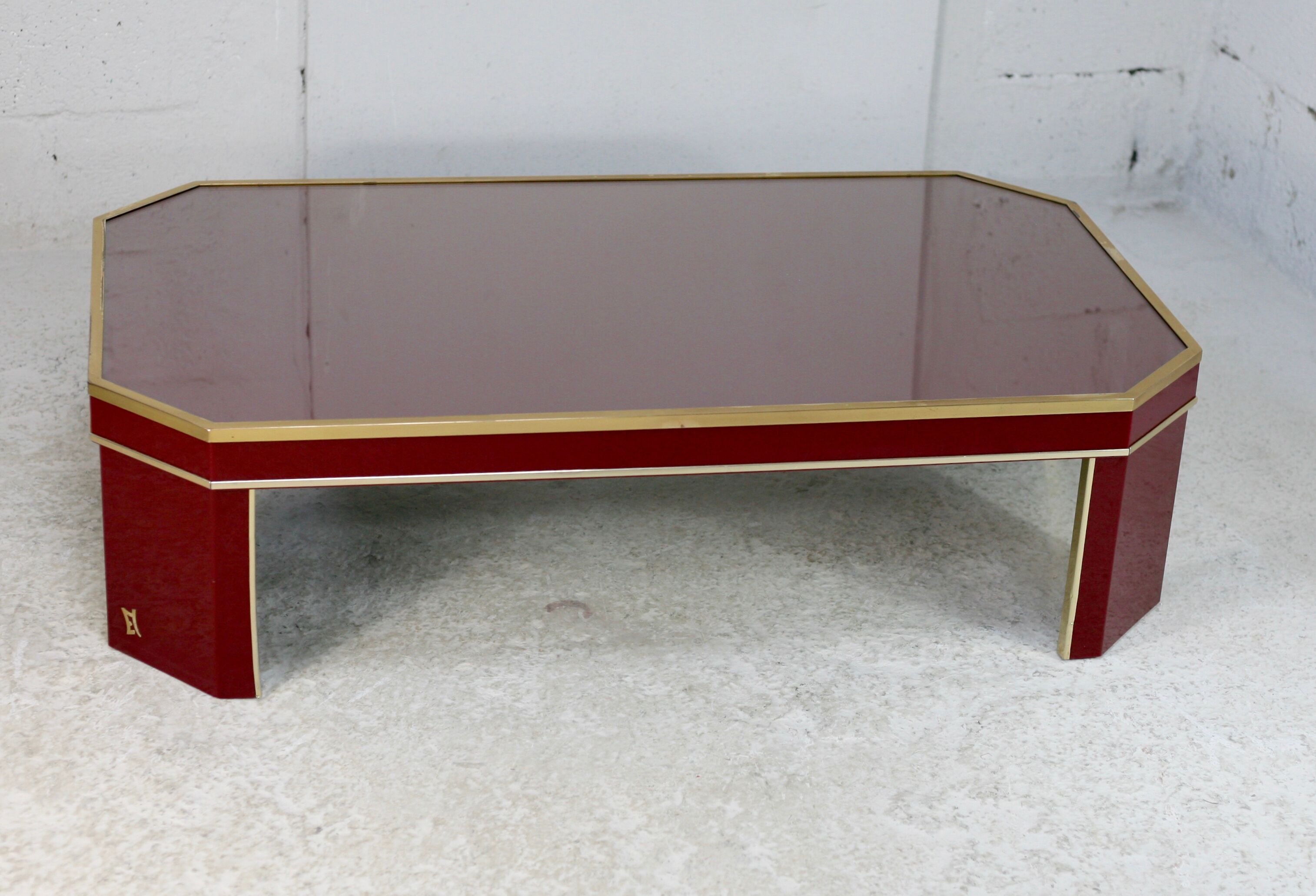 Coffee table Eric Maville glass brass plexiglass wood France, 70s. Small scratches. small