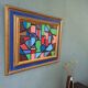Peinture à l’huile de nature morte cubiste suédoise vintage moderne du milieu du siècle « Nature morte géométrique », encadrée