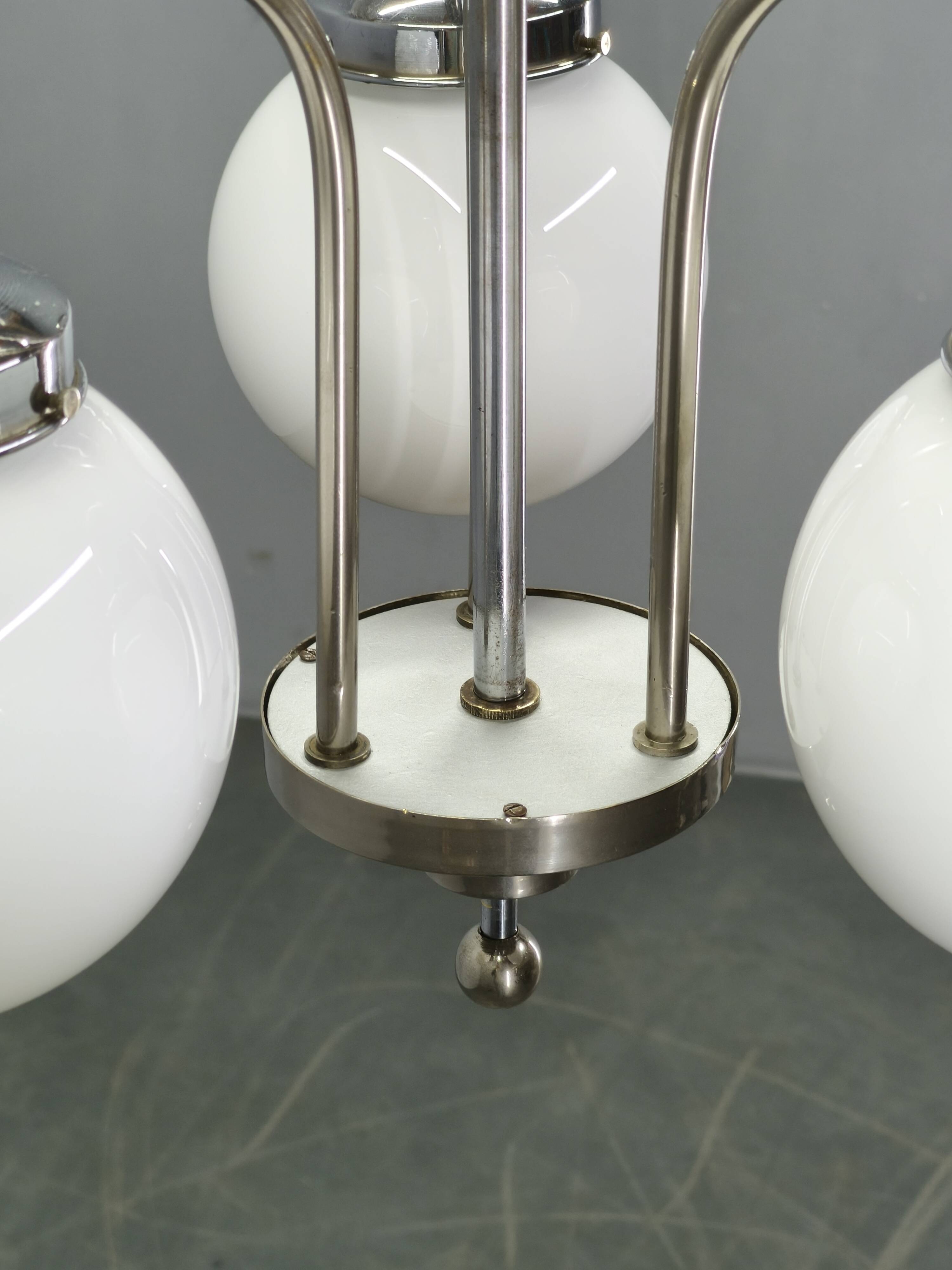 1930s Czech Art Deco Chandelier with Three Opaline Glass Globes