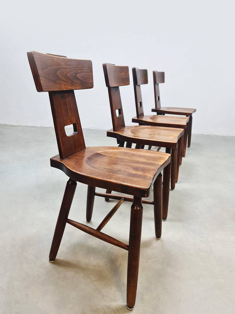 Vintage brutalist T-back dining chairs Pierre Chapo style
