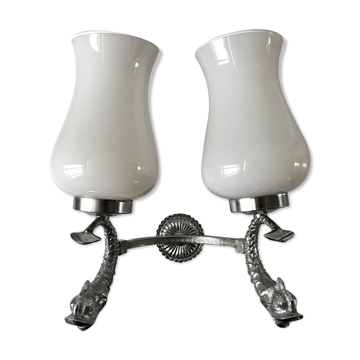 Duo of wall lamps in chrome metal and Opalines Japanese 50s