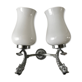 Duo of wall lamps in chrome metal and Opalines Japanese 50s