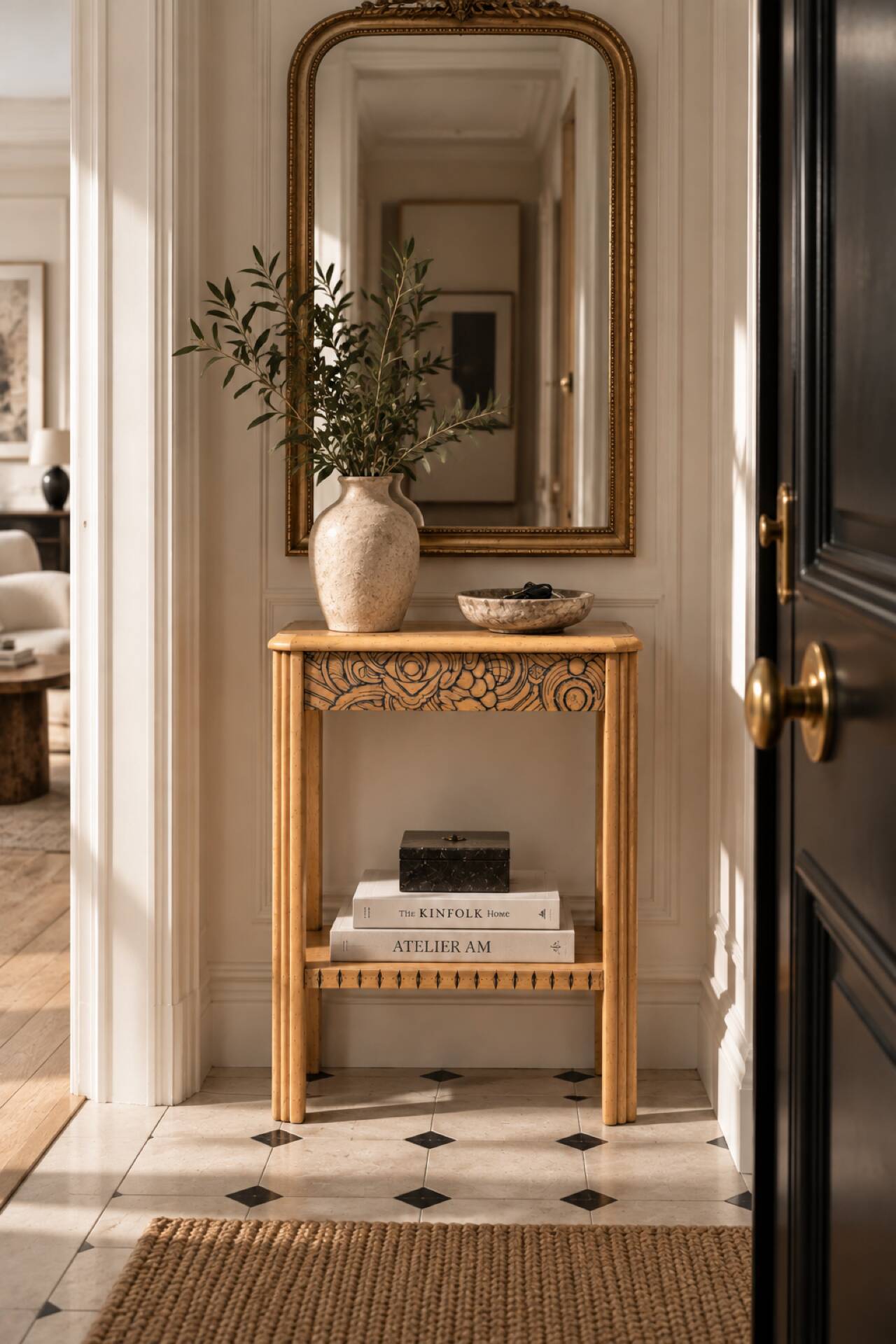 Art Deco console in raw wood with floral decoration, renovated 1930.