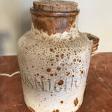 Two old stoneware pots with pickles and olives signed Jacque pouchain