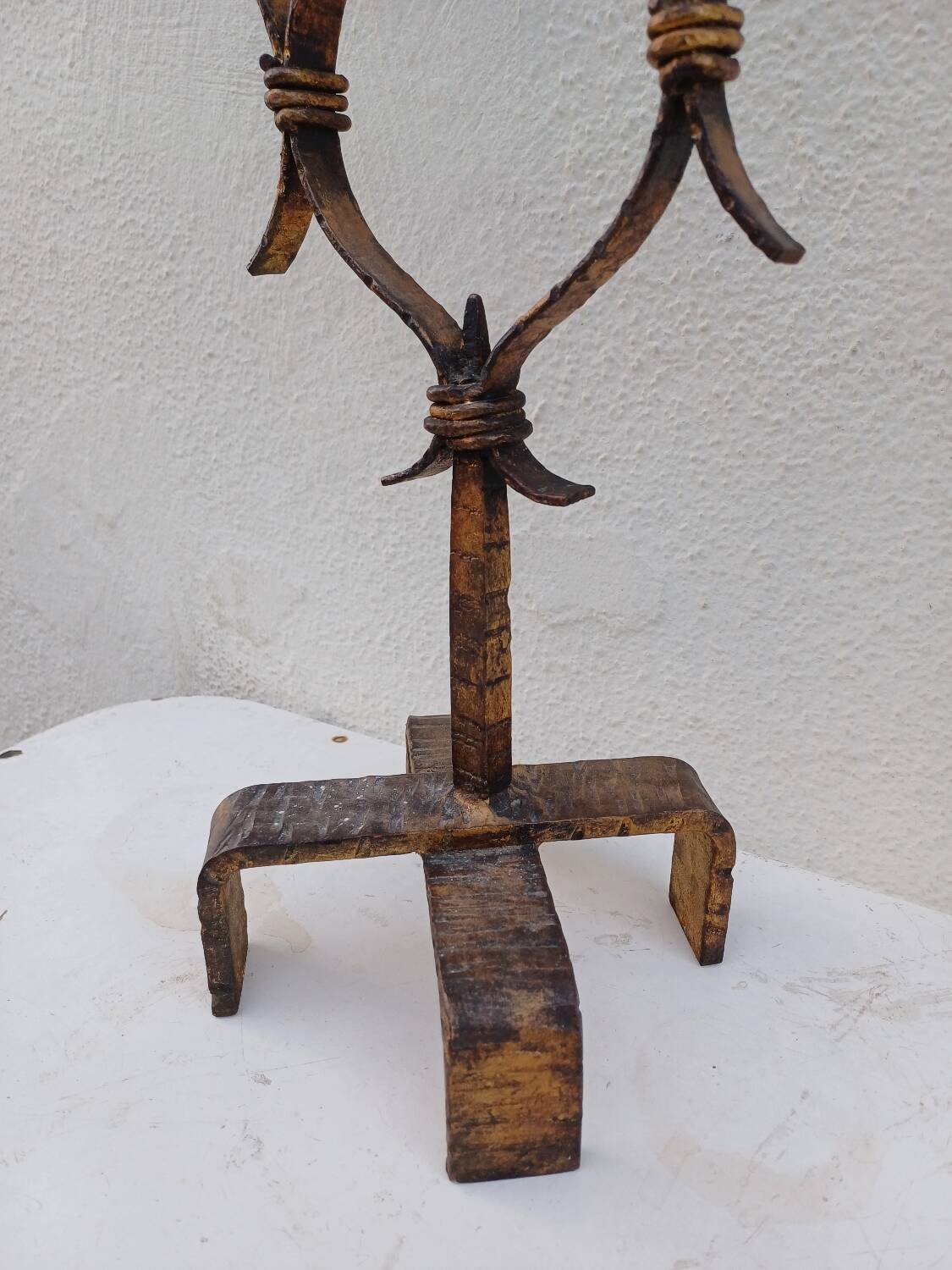 Large hammered wrought iron table candlesticks, gilded, 1950s, 60s