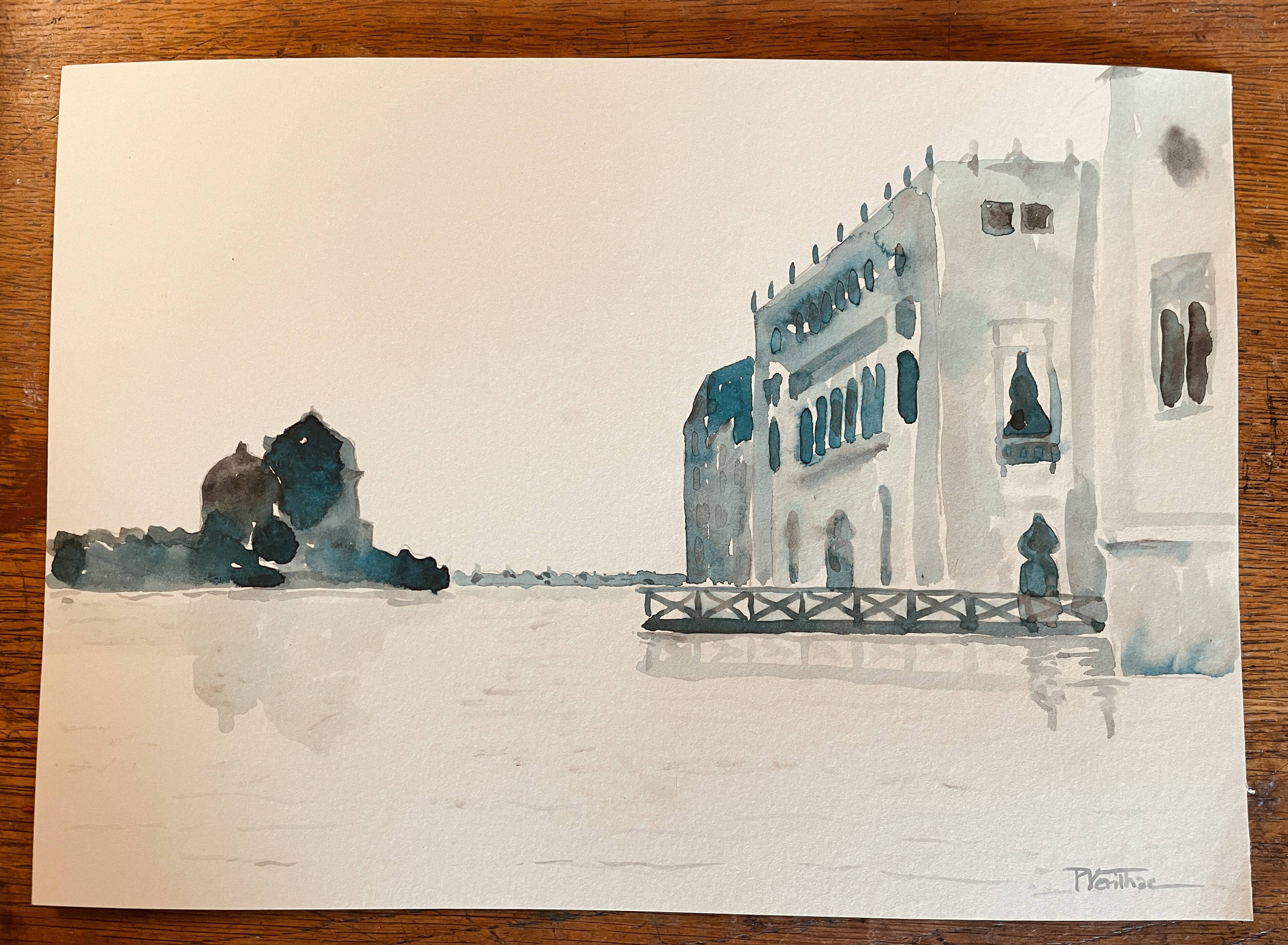Watercolor painting "Twilight in Venice at the Cipriani", signed
