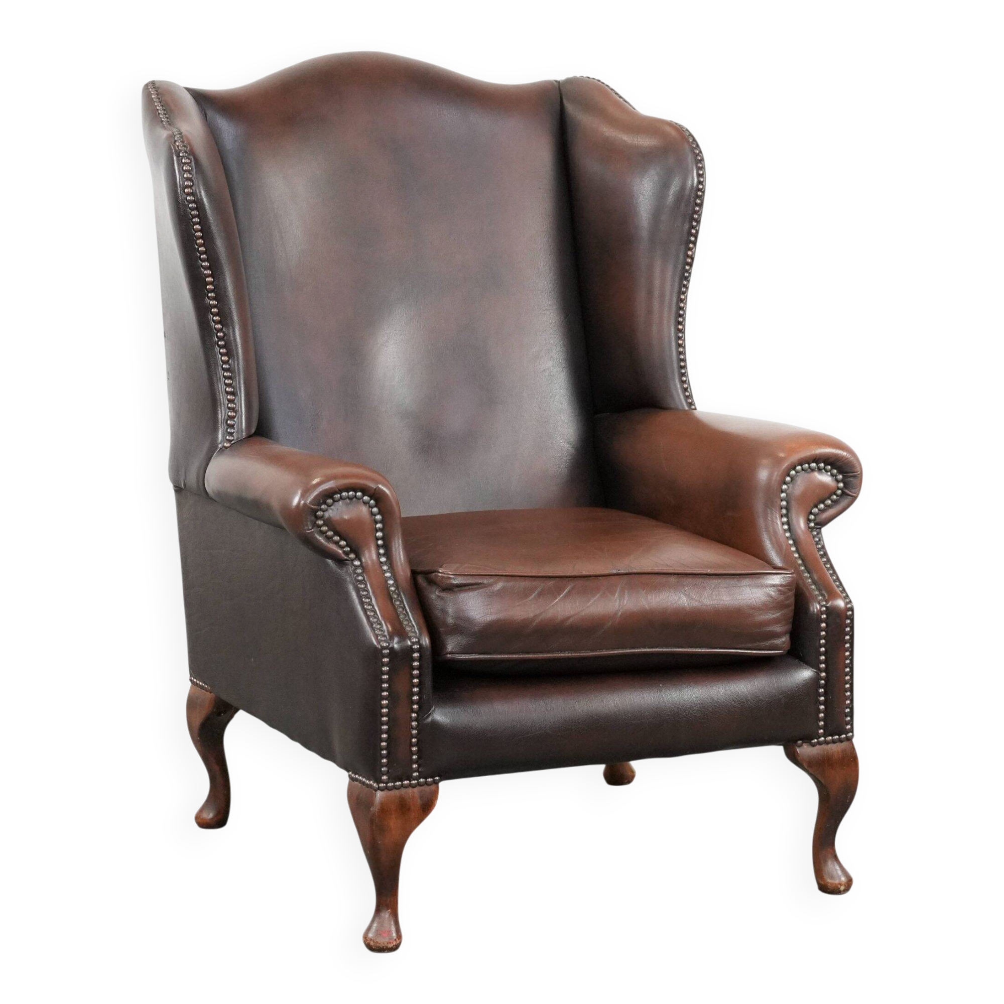 Brown smooth cow leather Chesterfield wingback armchair in English style