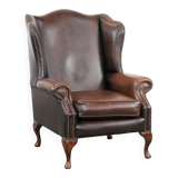 Brown smooth cow leather Chesterfield wingback armchair in English style