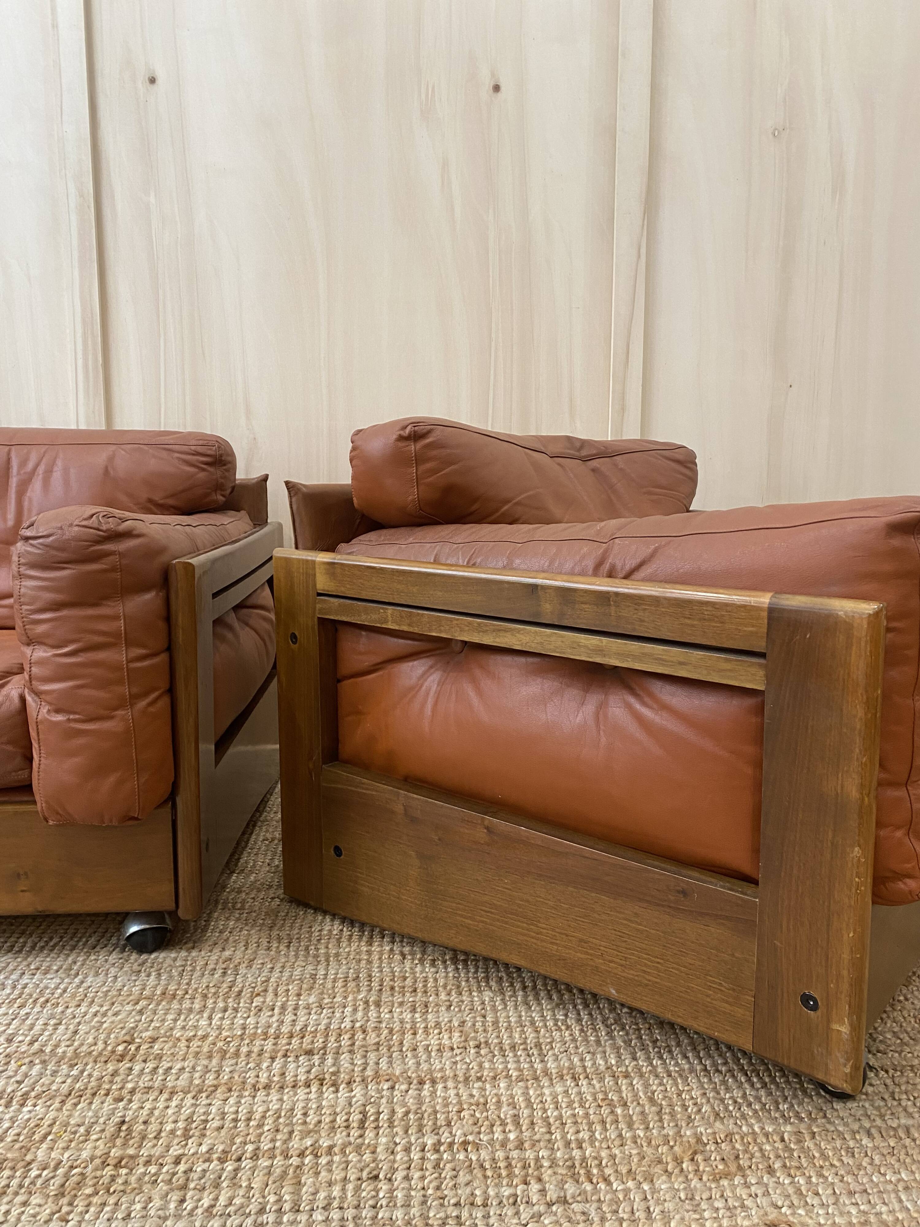 Pair of Cognac Leather Club Armchairs & Wood - Italian Design - 1970s