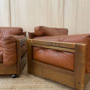 Pair of Cognac Leather Club Armchairs & Wood - Italian Design - 1970s