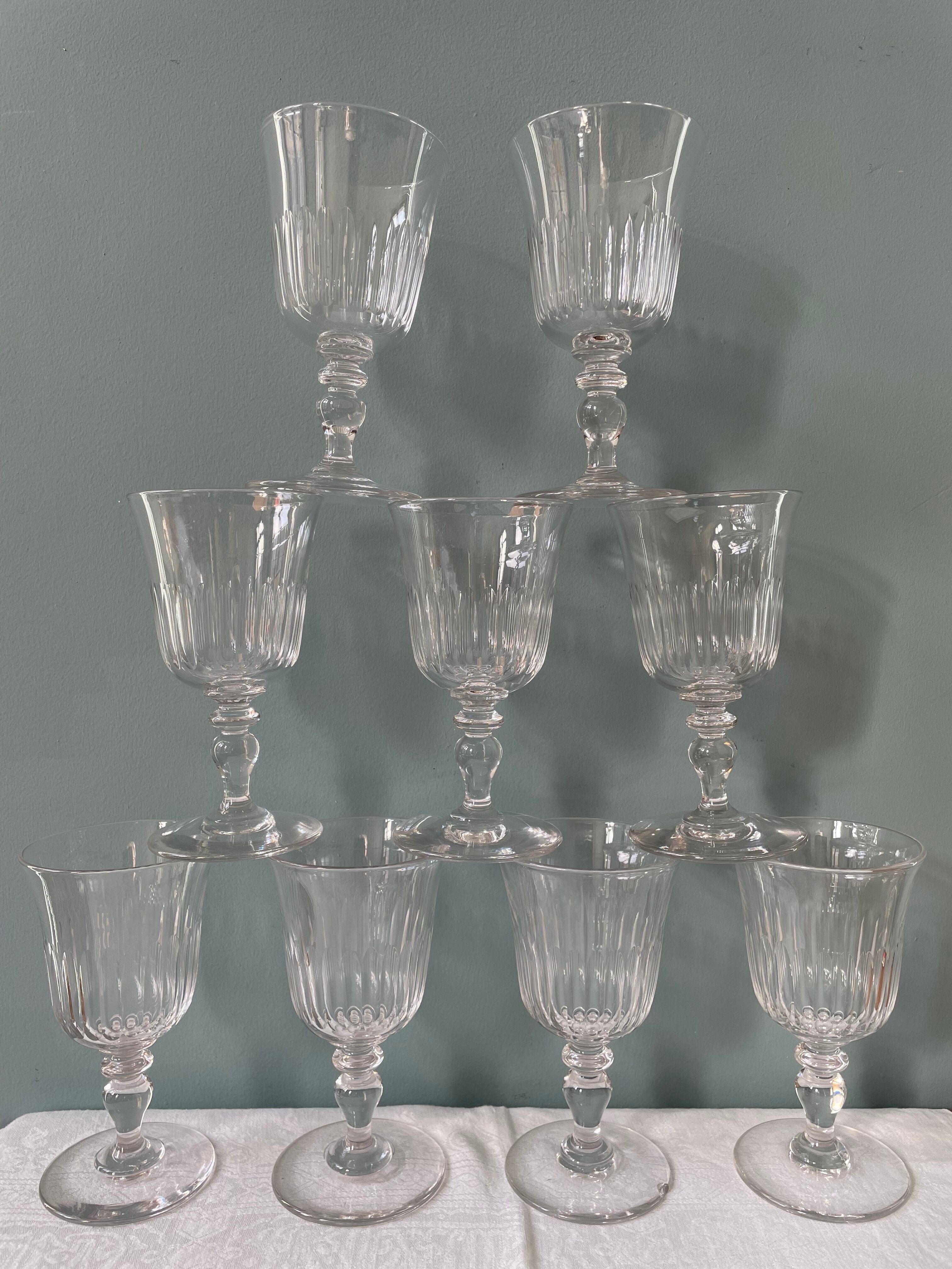Set of 9 antique foot glasses in cut crystal