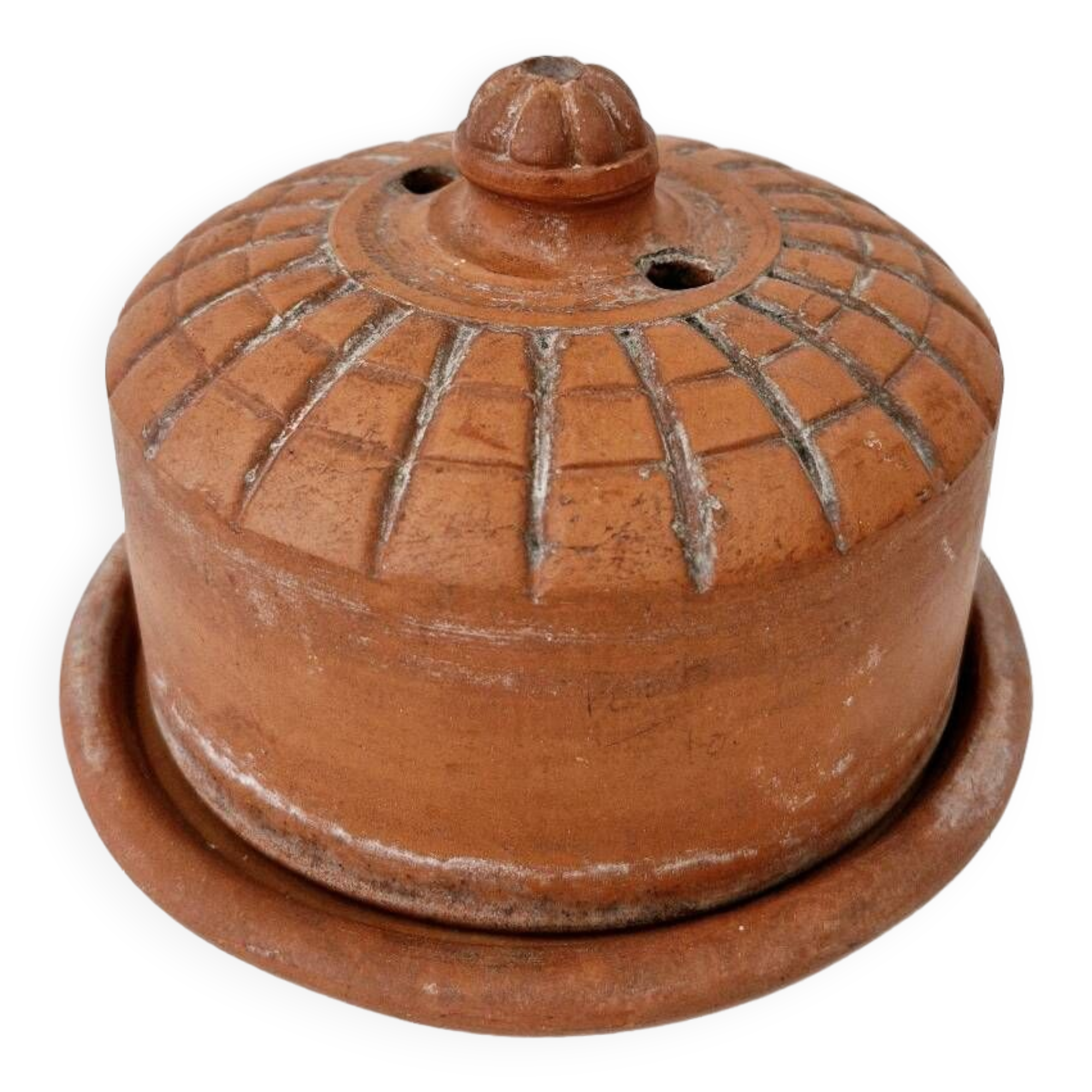 ANCIEN BEURRIER EN TERRE CUITE AVEC SA SOUCOUPE XXe 15cm x 11cm ht