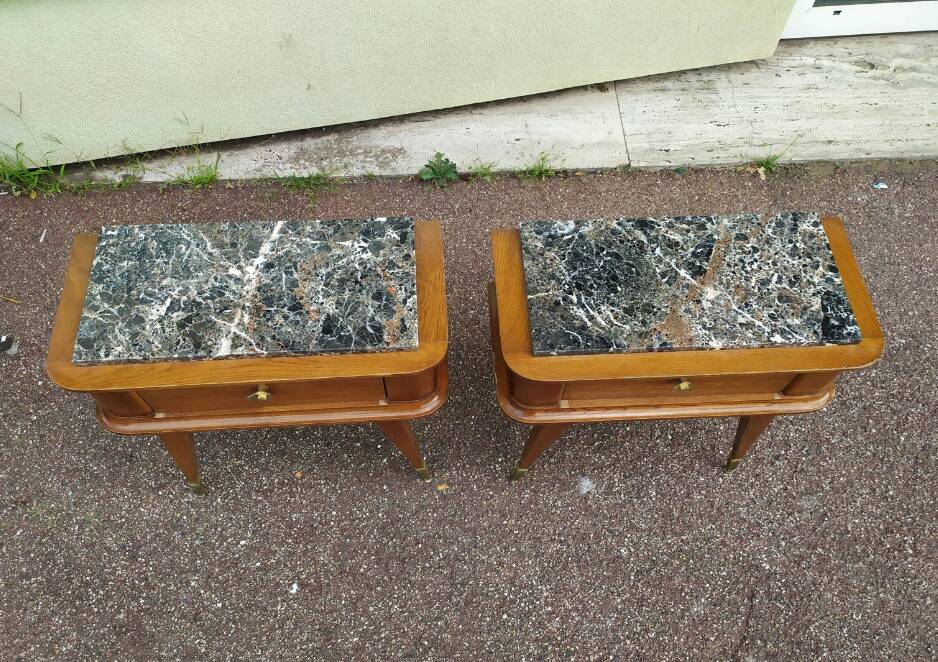 Set of 2 black white marble wood bedside tables with compass legs