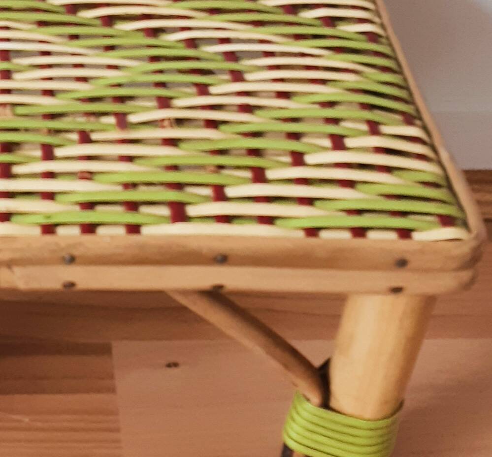 Bench, low wooden and rattan stool, plant holder