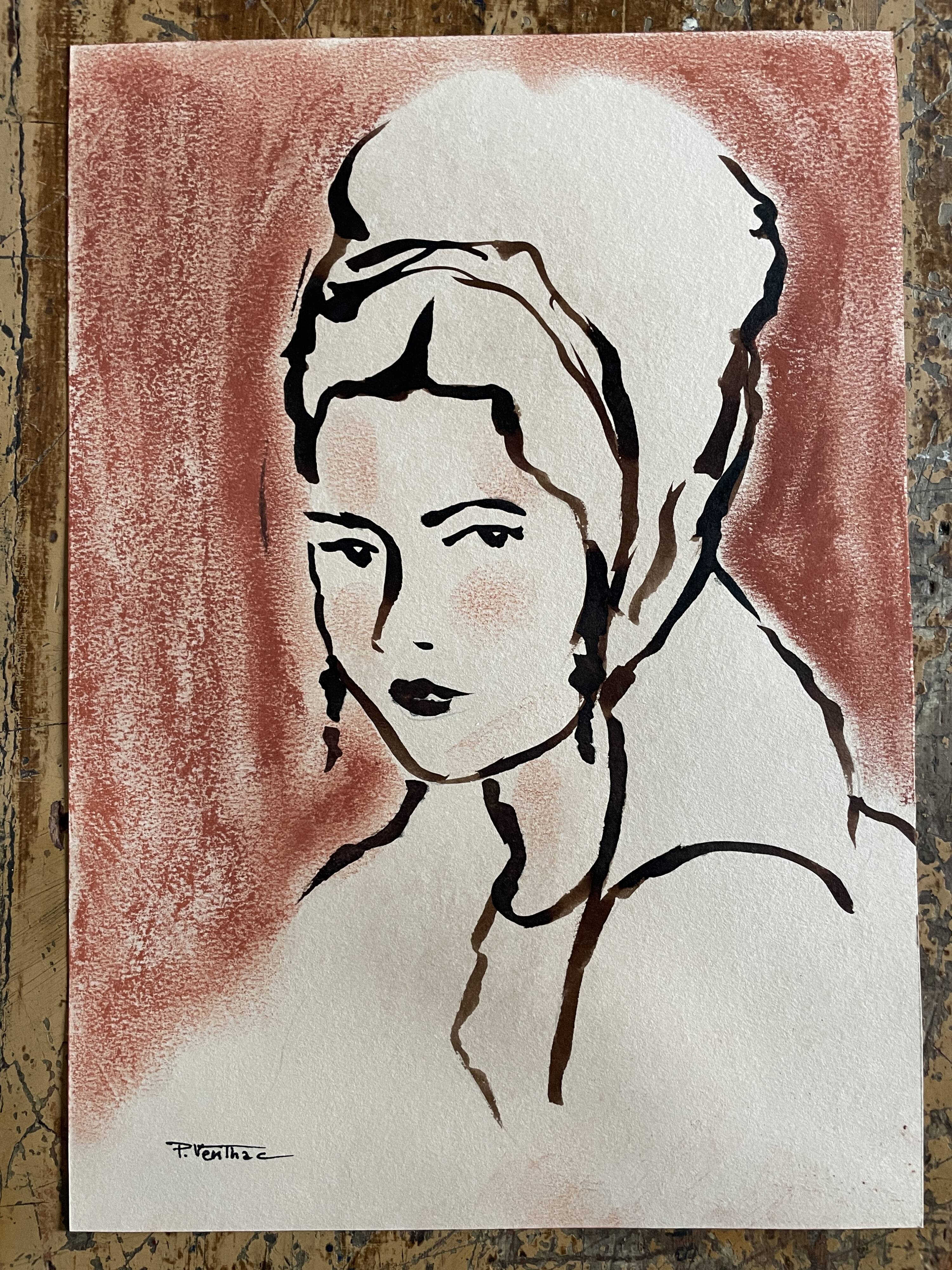 Painting signed Indian ink and pastel female portrait “study with headdress”