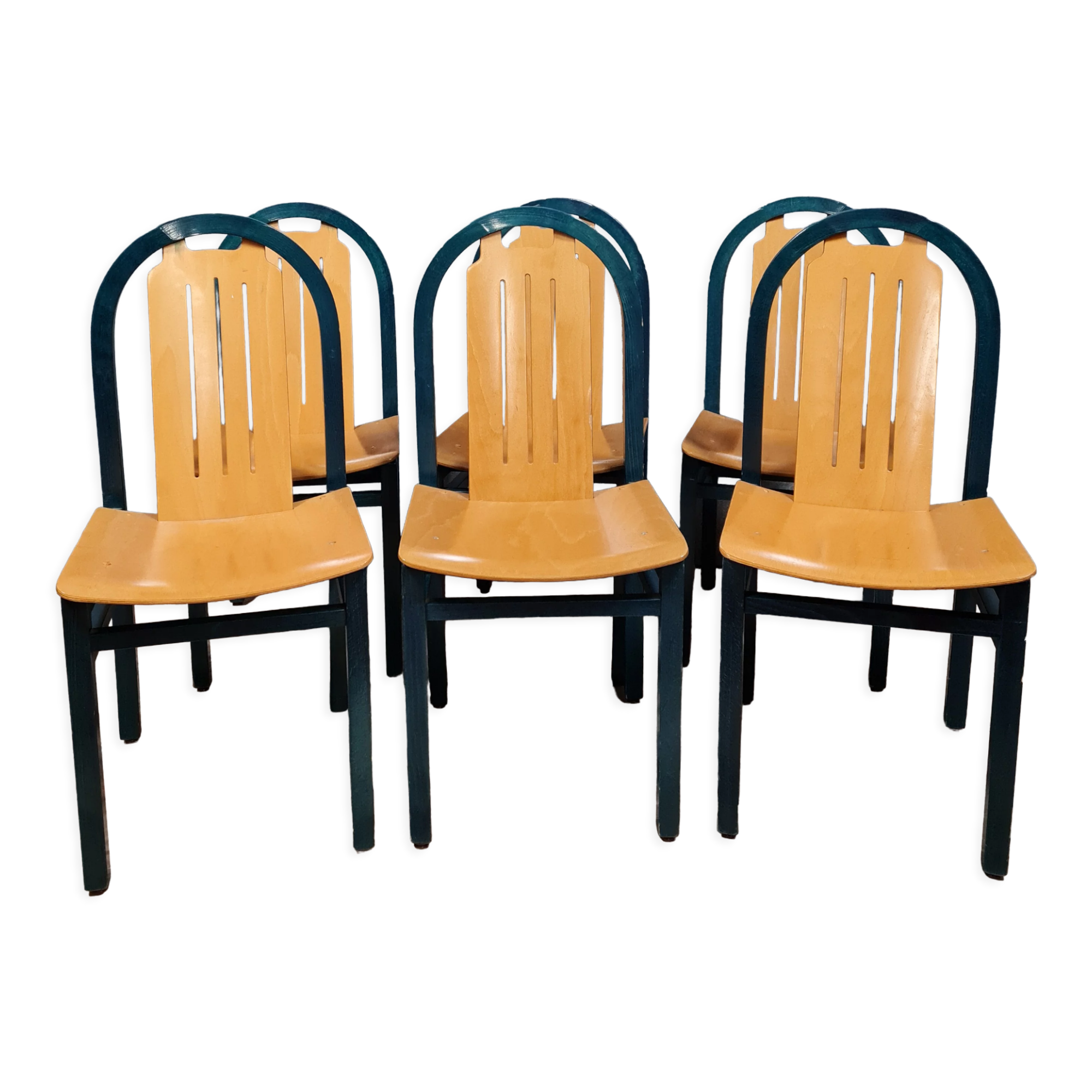 Series of 6 chairs of the brand Baumann model Argos in stained beech and varnished natural wood
