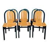 Series of 6 chairs of the brand Baumann model Argos in stained beech and varnished natural wood
