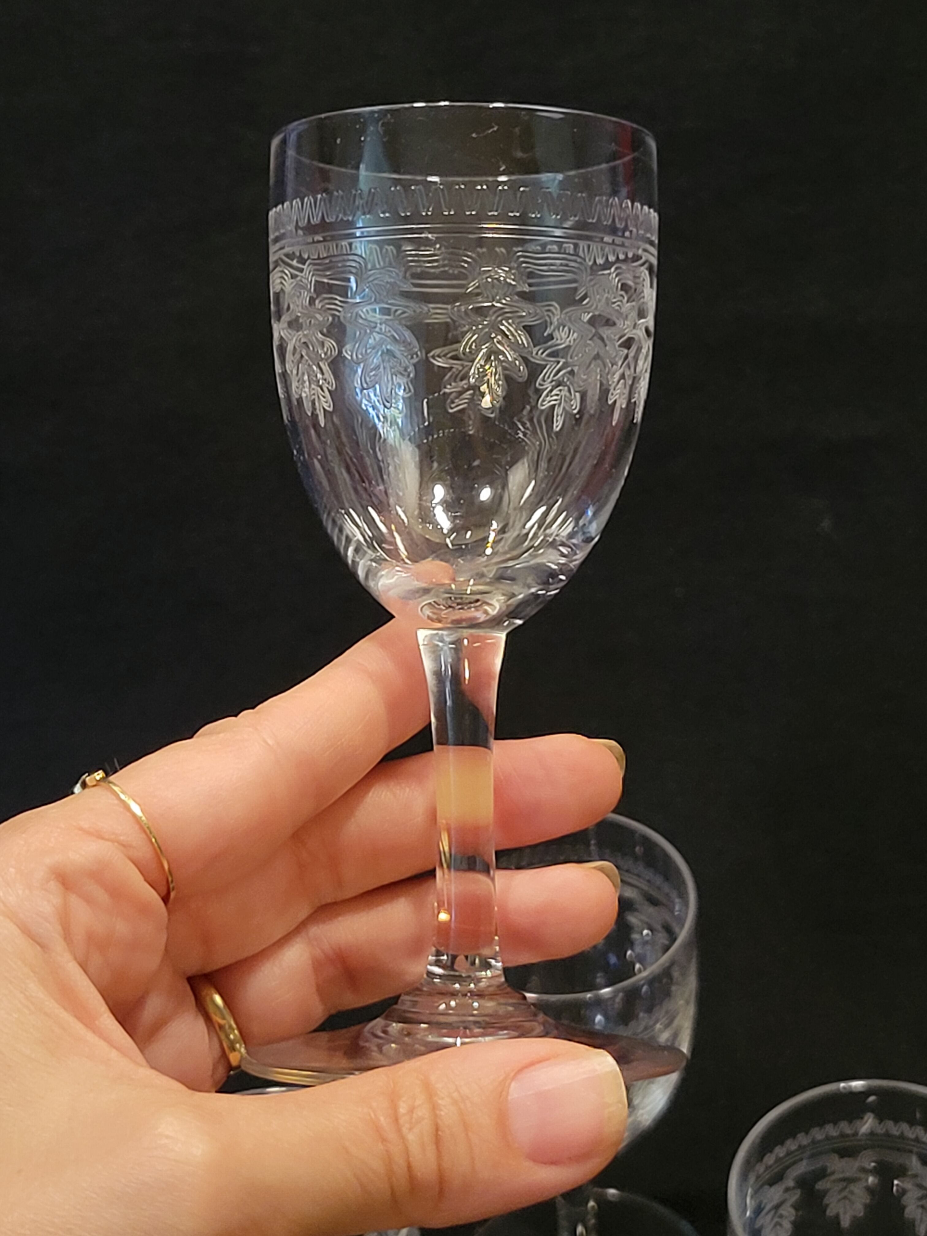6 old glasses with engraved baccarat crystal wine stems