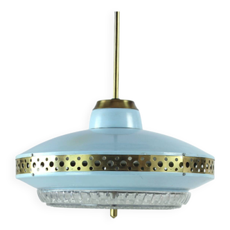 Blue Space Age Ceiling Light In Brass And Glass, Ludib Bratislava 1970s