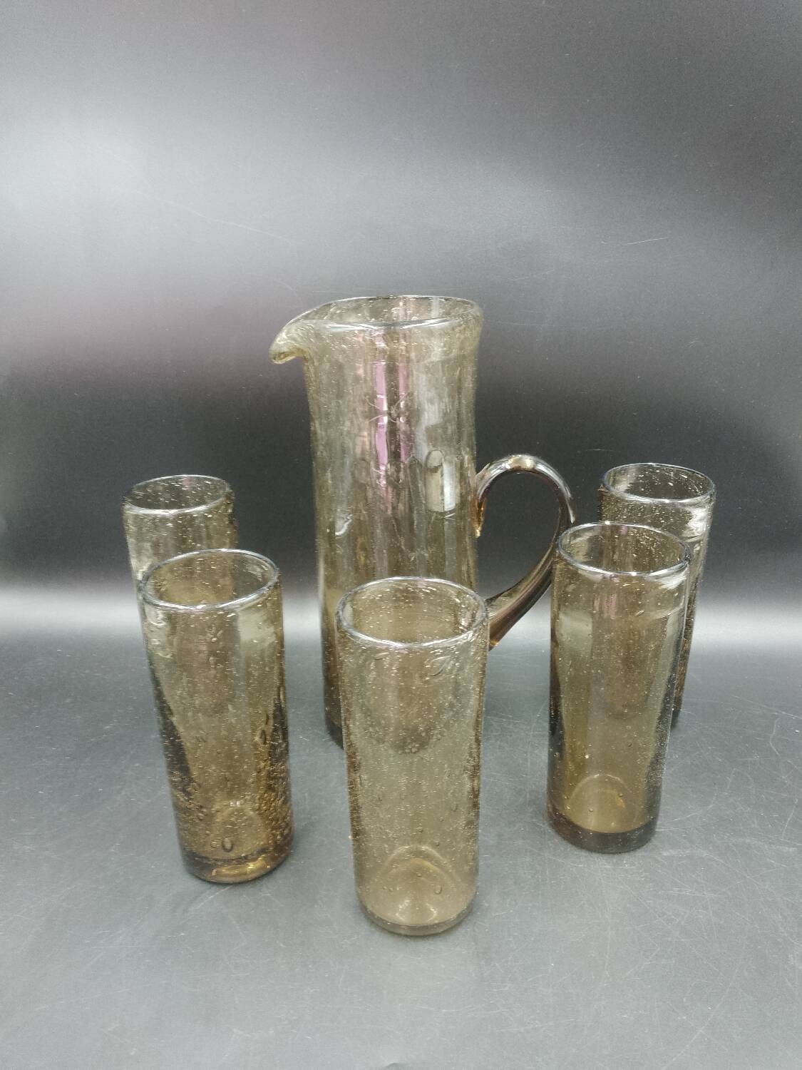 6-piece orangeade set in blown and bubbled gray glass