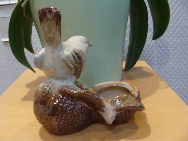 Small vintage enameled ceramic bird bowl