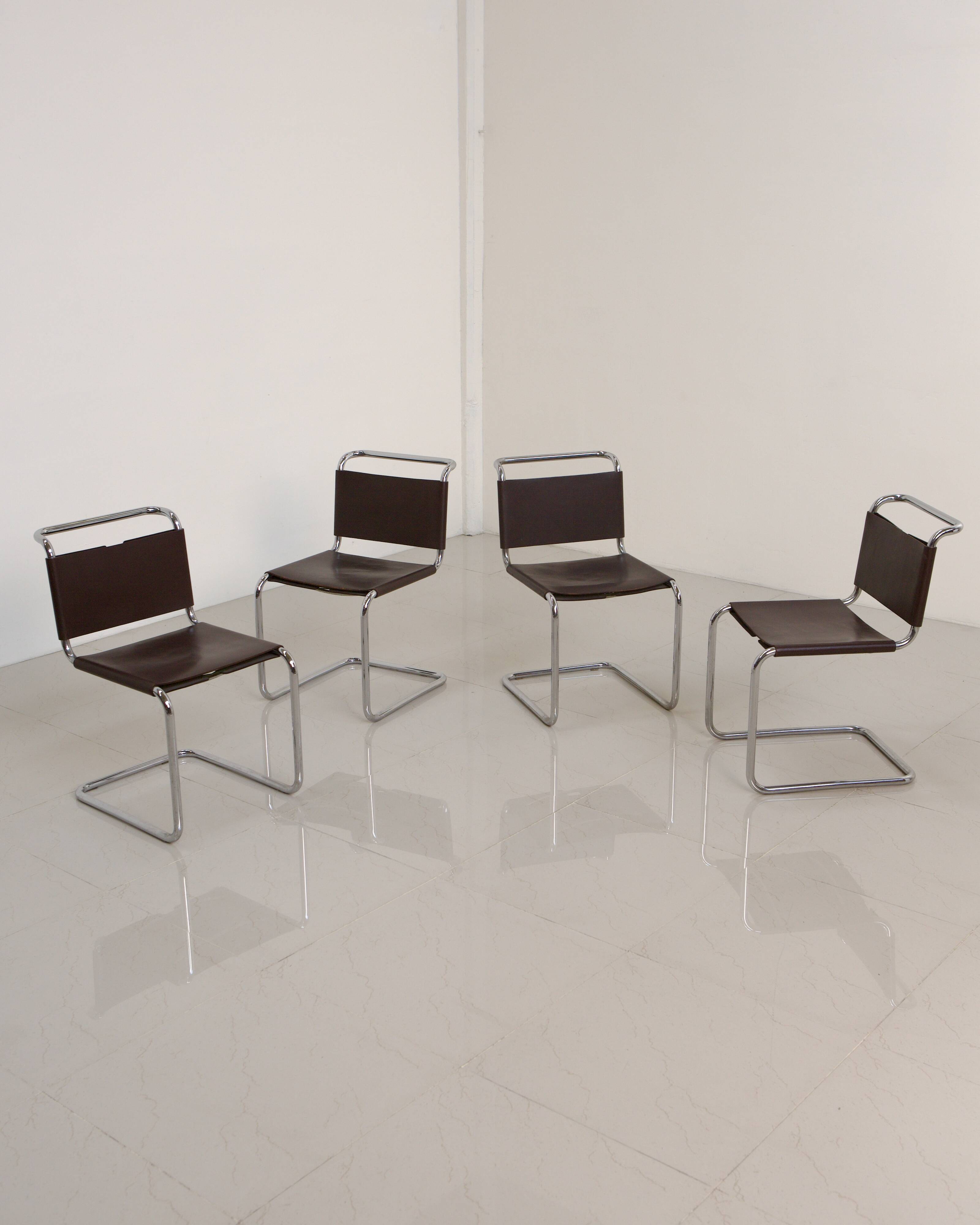 Set of 4 "S33" chairs in brown leather by Mart Stam for Gavina 60's