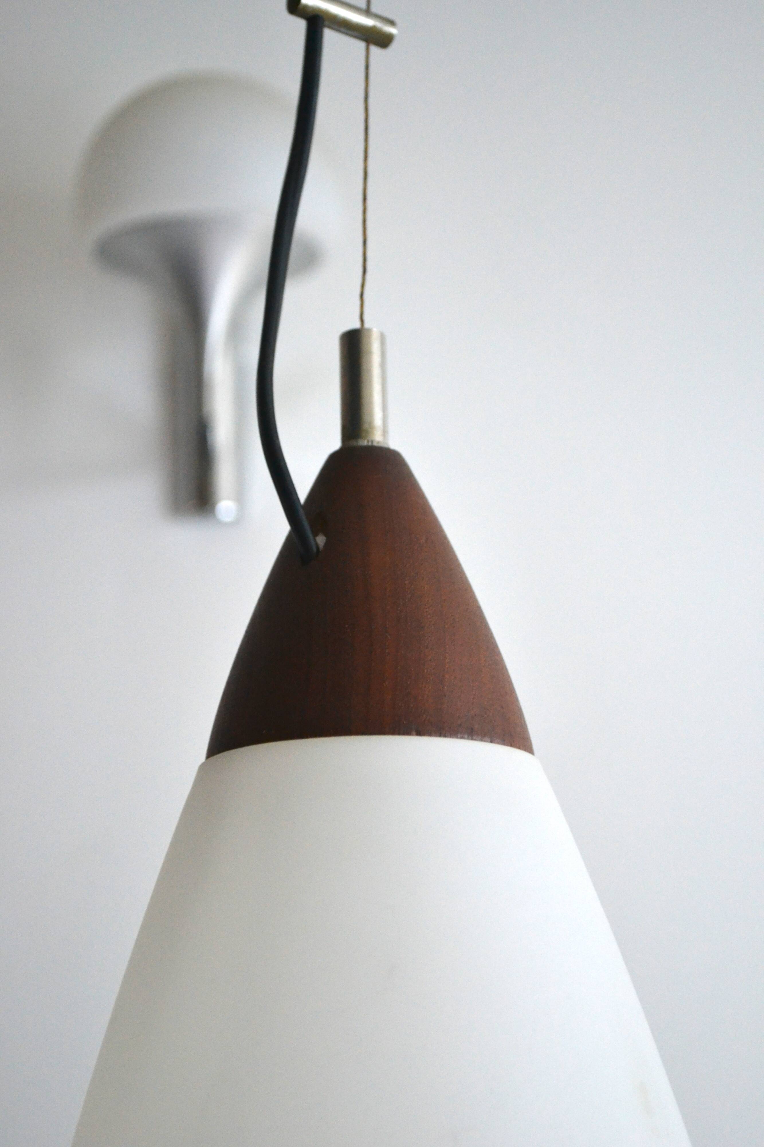 Suspension Goffredo Reggiani ovoïde teck et opaline années 50