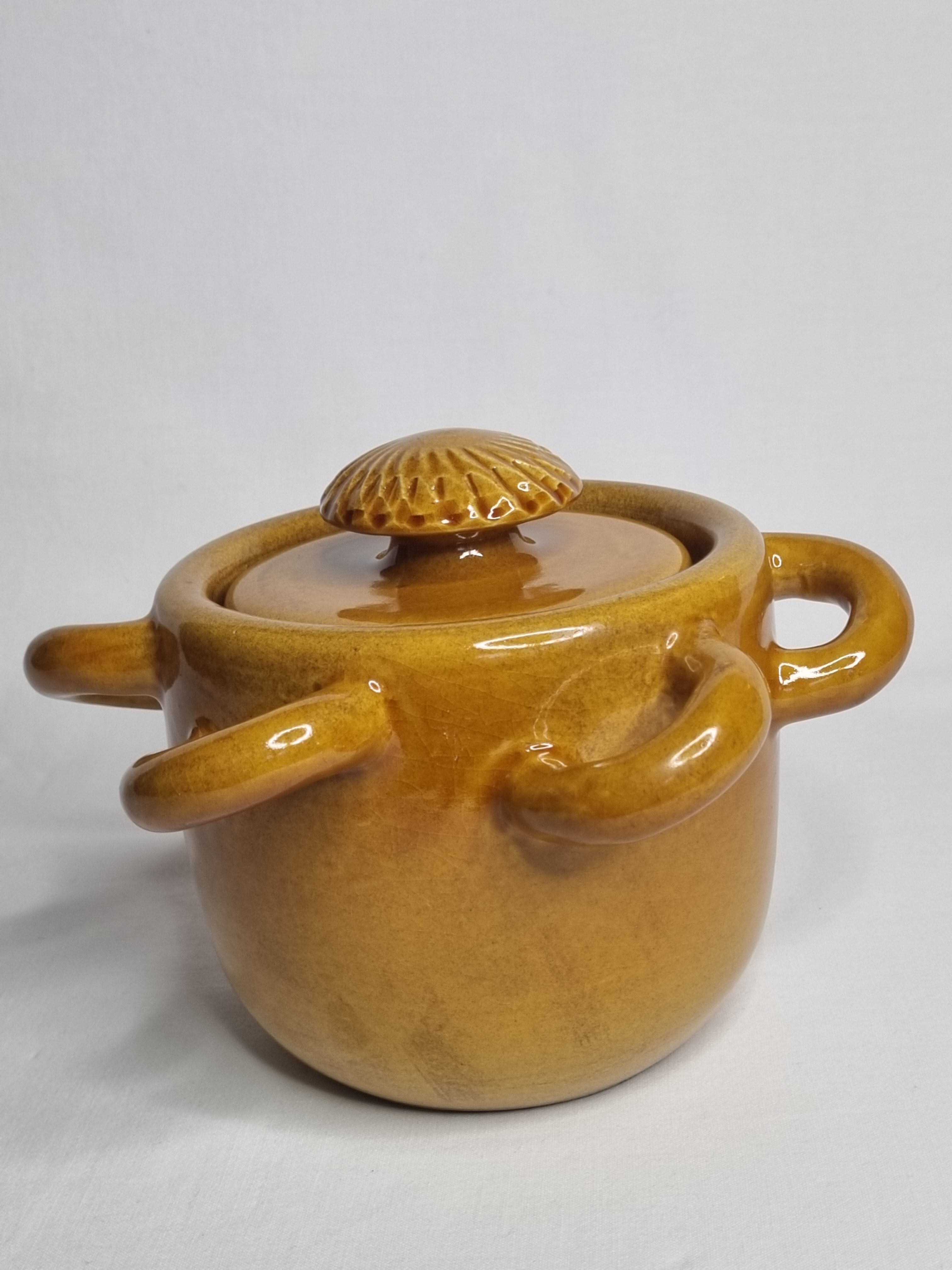 Vintage ceramic pot, ochre, with 8 handles