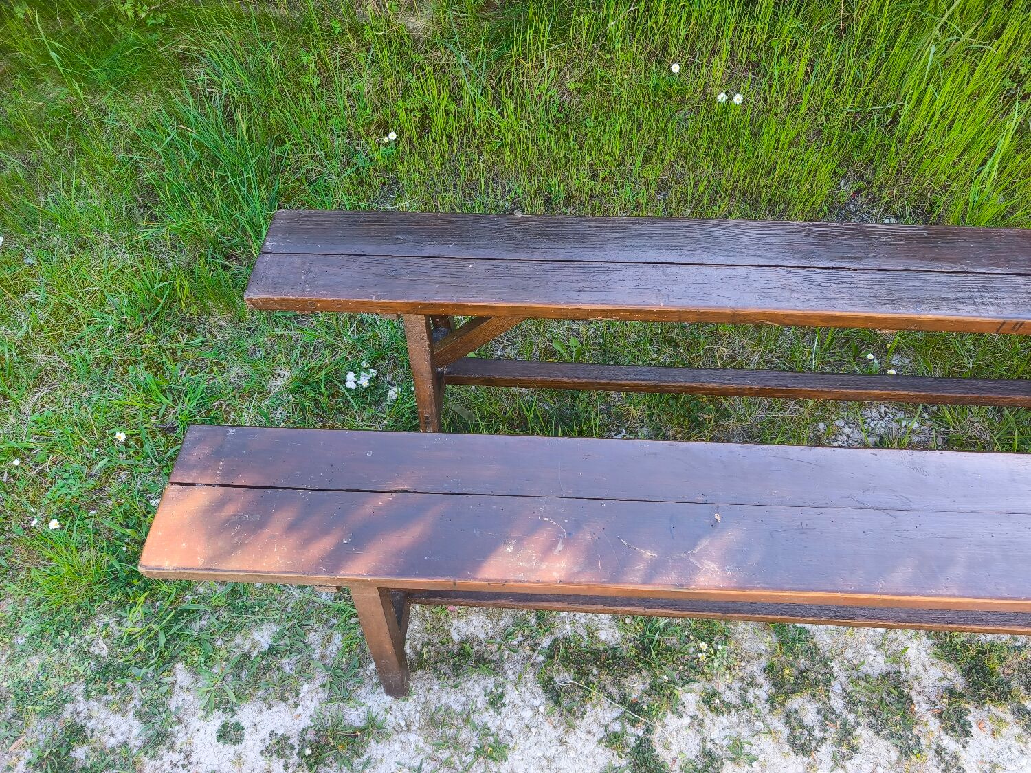 Pair of rustic antique long benches in solid wood – 195 cm