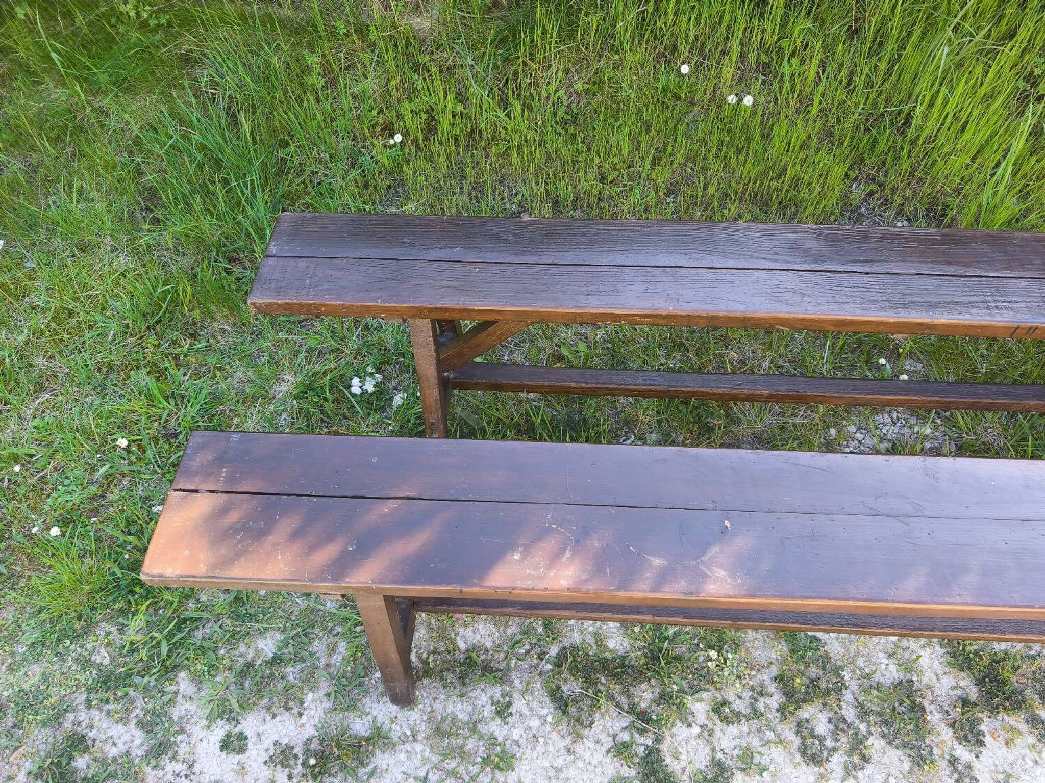 Pair of rustic antique long benches in solid wood – 195 cm