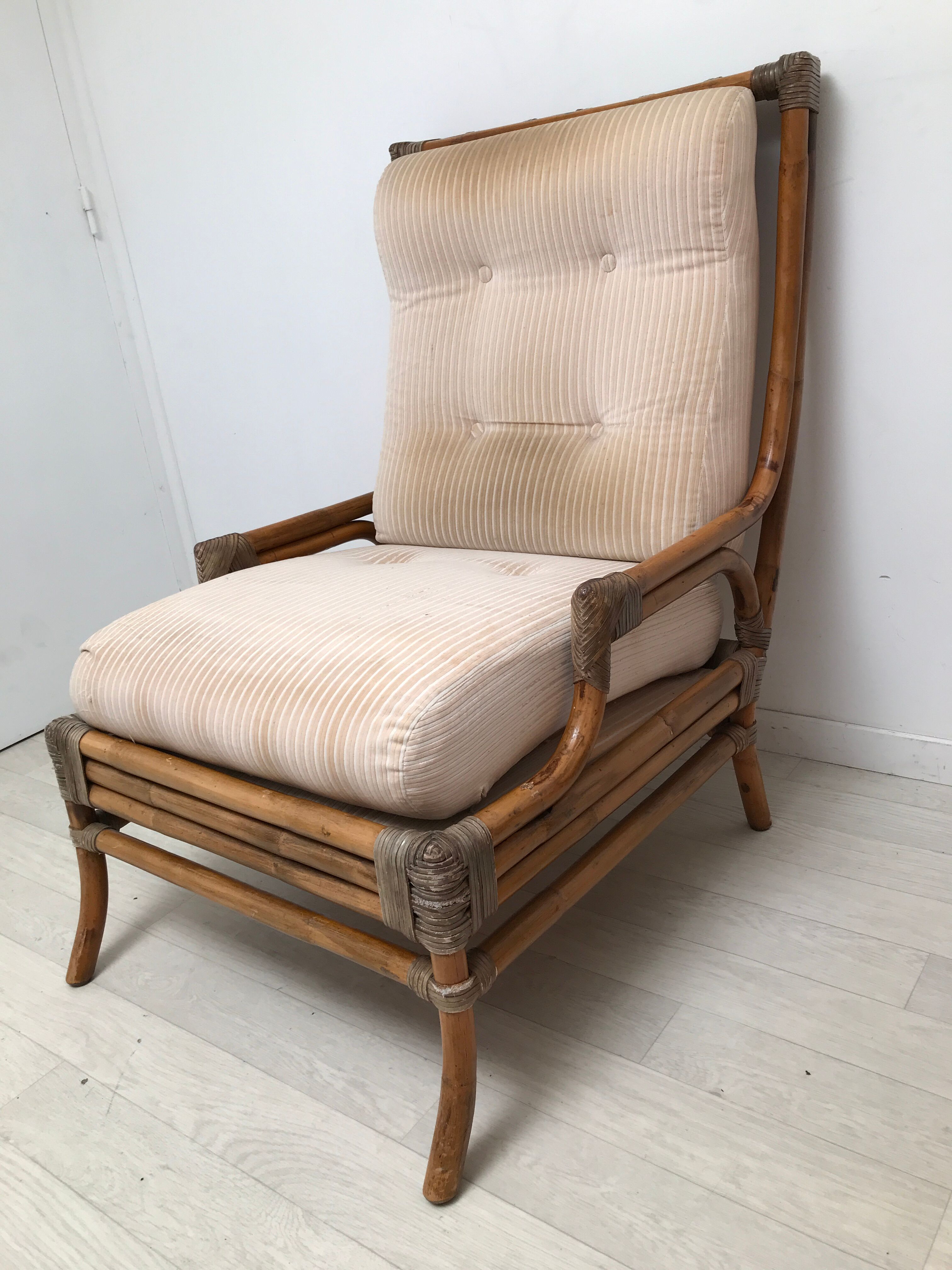 Pair of 70's rattan and leather armchairs
