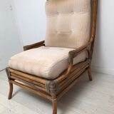 Pair of 70's rattan and leather armchairs