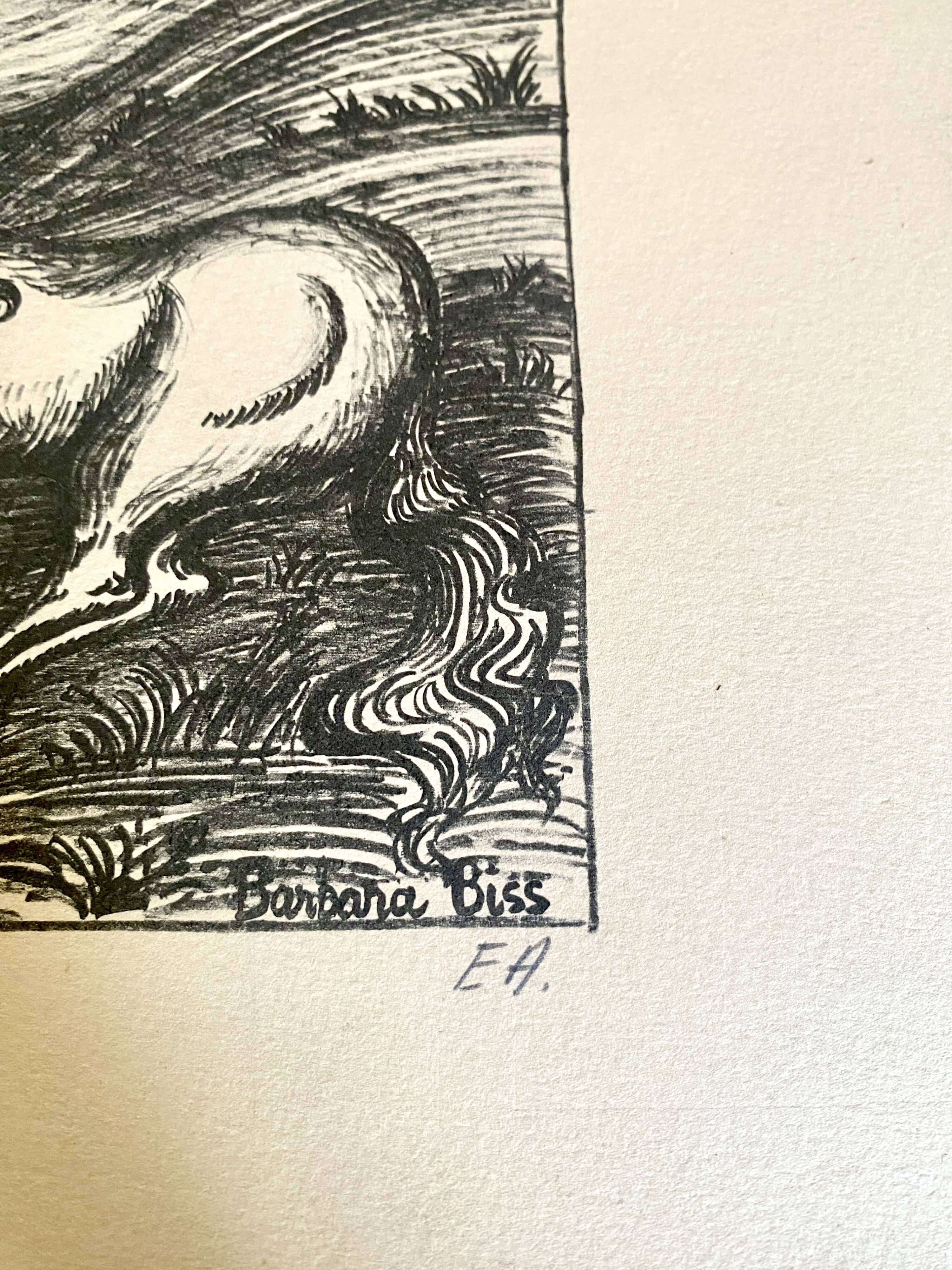 Horse engraving, 1950s, carved wooden frame with glass