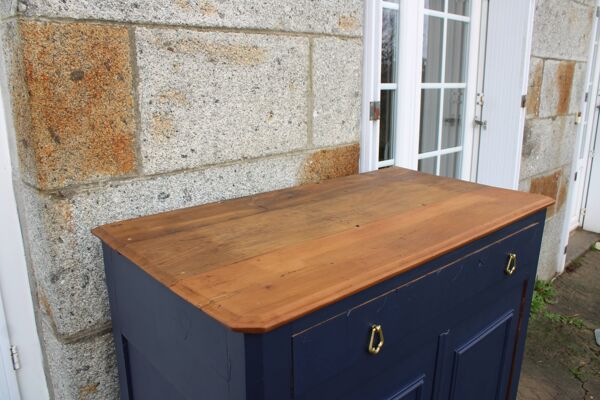 Buffet ancien en bois massif – Bleu profond & plateau bois
