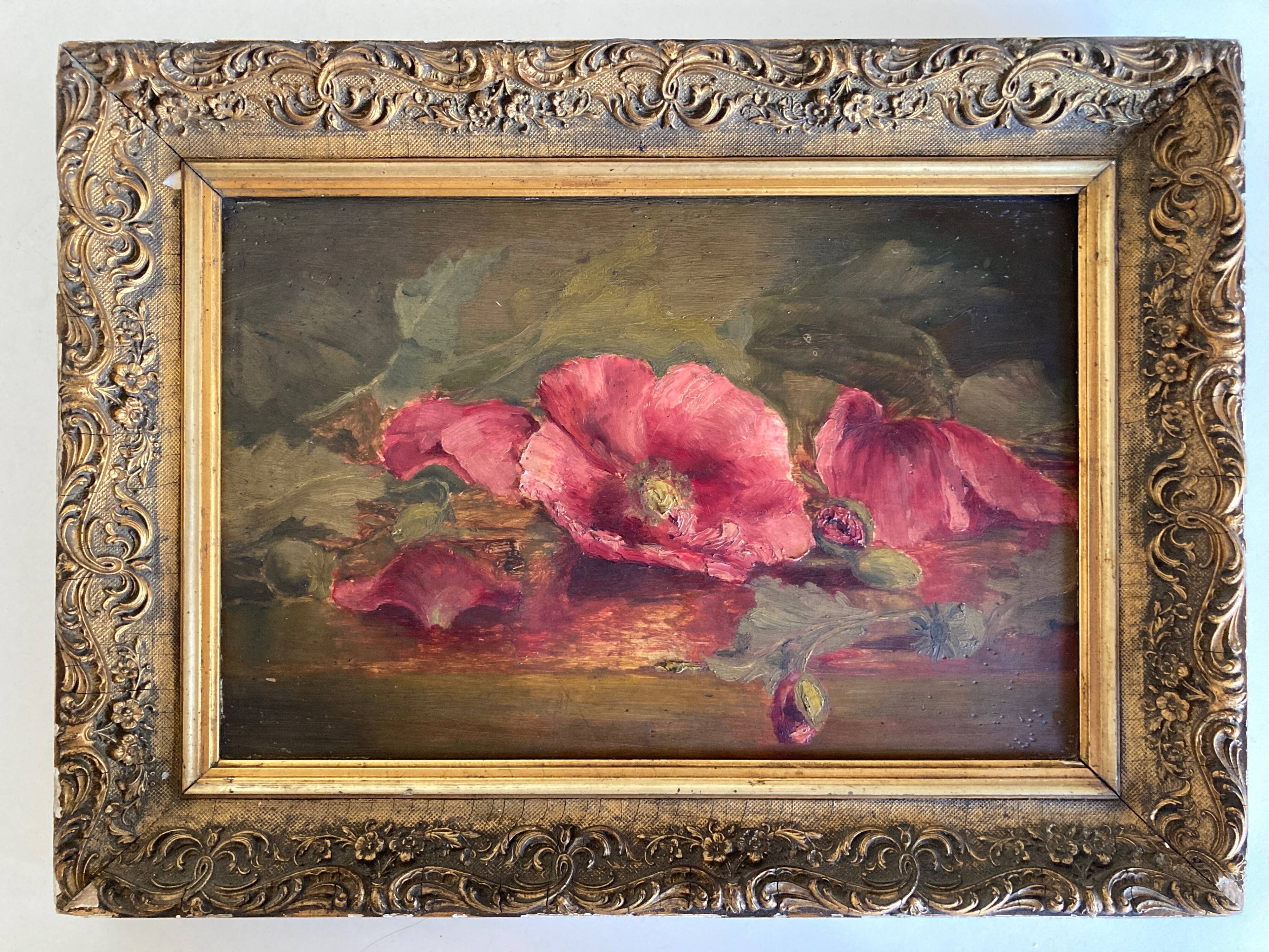Les pavots huile sur bois portrait de fleurs 19e