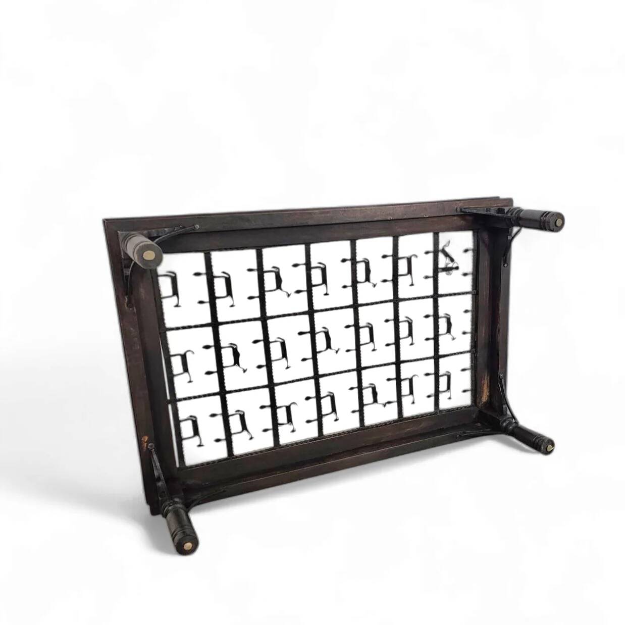 French brutalist coffee table, forged wrought iron, shepherd with dog and his herd, 1970s, transparent glass top