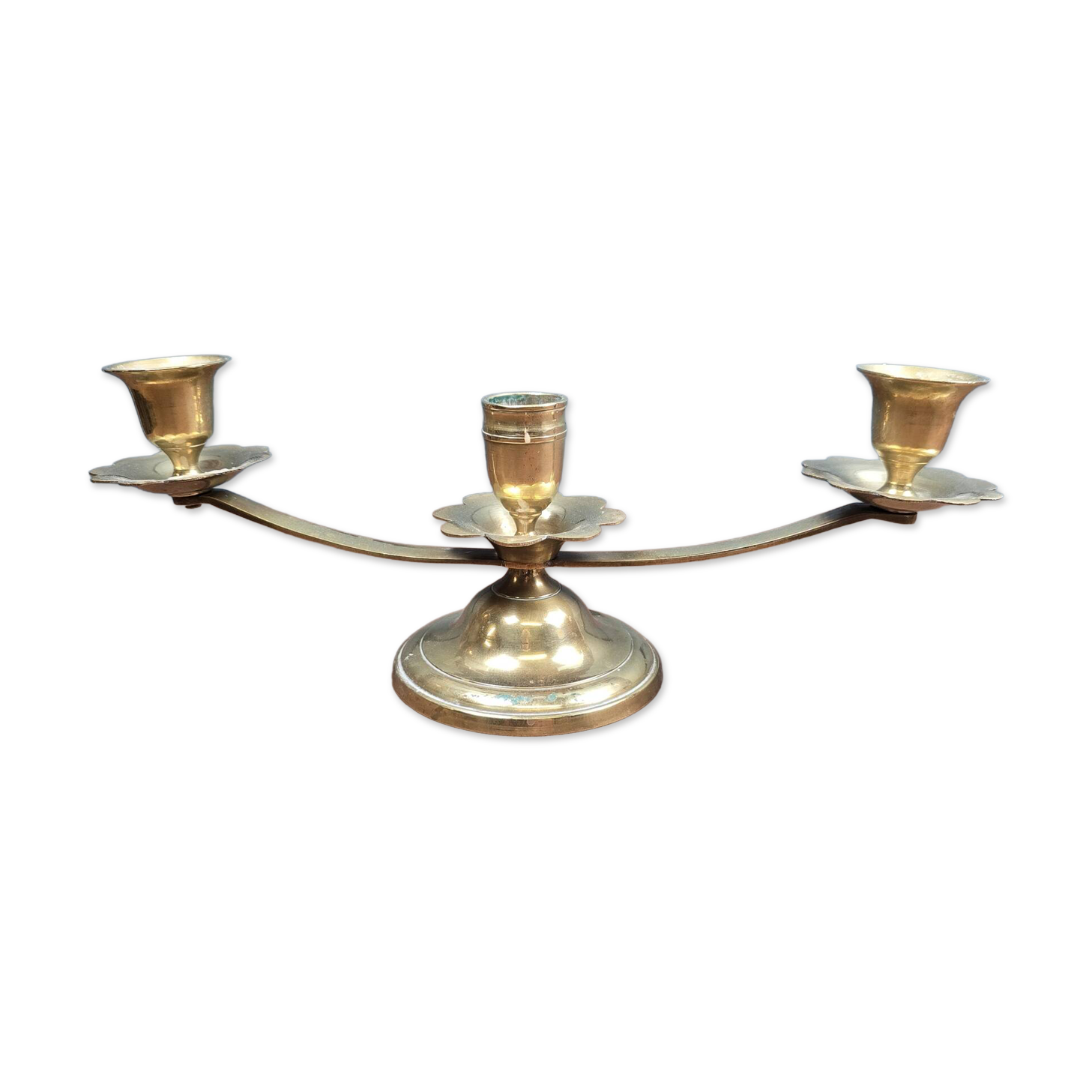 Vintage brass candle holder with 3 lights, flower drip trays, ideal for a centrepiece.