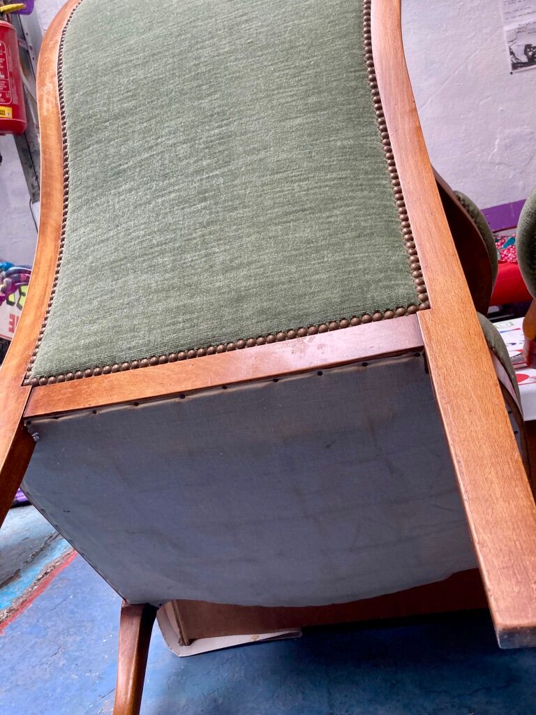 Voltaire armchairs in green velvet, the pair